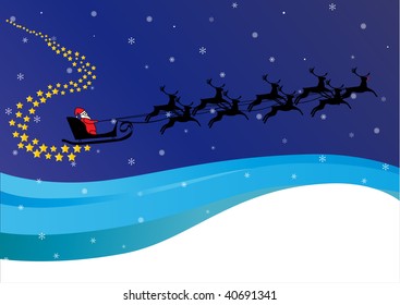 Santa`s sleigh with his reindeers flying in the sky