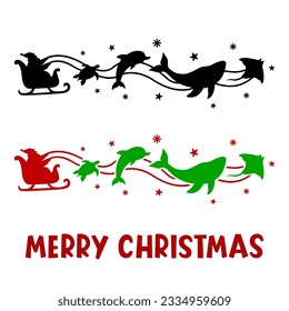 Santa's sleigh with marine animals flies across the sky.Vector silhouette.Template for laser, paper cutting, printing on T-shirts, mugs. Christmas illustration.Isolated on white background.