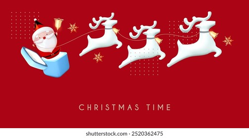 Santa's sleigh. Merry Christmas and Happy New Year soft blue 3D design with cute Santa, deers and gift