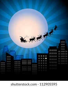 Santa's Sleigh over city, vector illustration