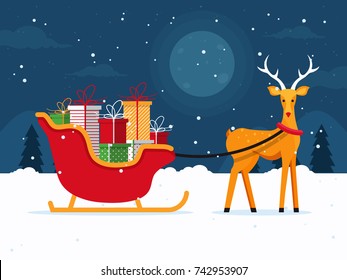 Santa's Sleigh With Presents And Reindeer On Christmas Night. Flat Design Style. 