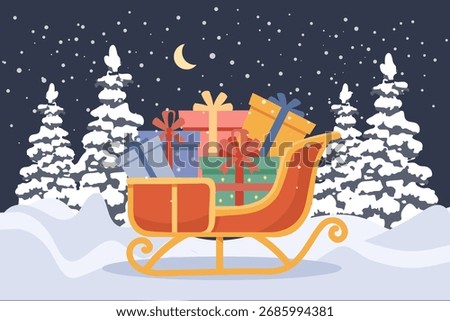 Santas sleigh with presents in a winter forest. Christmas sleigh with presents in a snowy winter scene. Illustration.