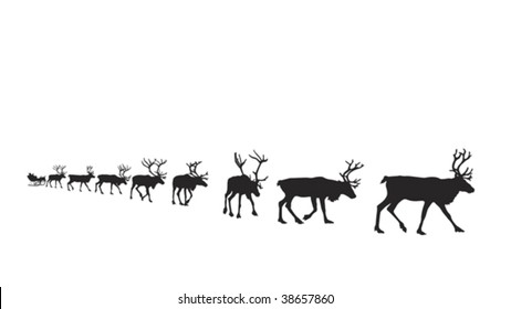 Santa's sleigh pulled by eight reindeer, easy editable vector