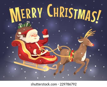 Santa's sleigh and reindeer. Christmas card. Vector illustration.