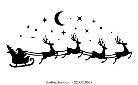 Santa's sleigh with reindeer flies across the sky.Vector silhouette.Template for laser, paper cutting, printing on T-shirts, mugs. Christmas illustration.Isolated on white background.