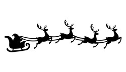 Santa's Sleigh With Reindeer Flies.Vector Silhouette.Template For Laser, Paper Cutting, Printing On T-shirts, Mugs. Christmas Illustration.Isolated On White Background.
