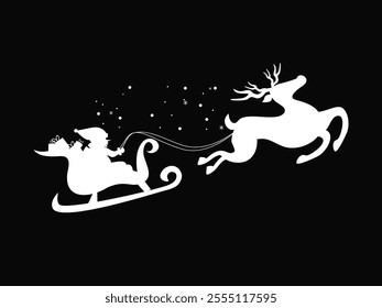 Santa's sleigh with reindeer flies.Vector silhouette.Template for laser, paper cutting, printing on T-shirts, mugs. Christmas illustration.Isolated on white background.
