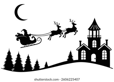Santa's sleigh, reindeer in flight, starry night sky