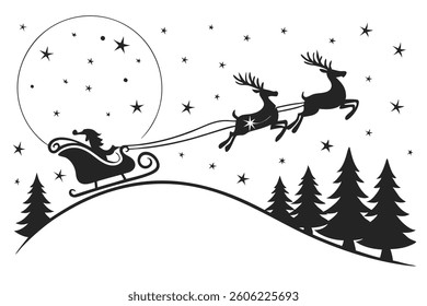 Santa's sleigh, reindeer in flight, starry night sky, black and white illustration