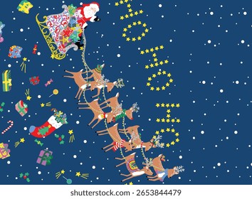 Santa's sleigh with reindeer flying through a starry night, filled with Christmas cheer.