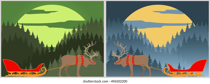 Santa`s sleigh with reindeer. Lapland. Winter forest landscape. Vector illustration