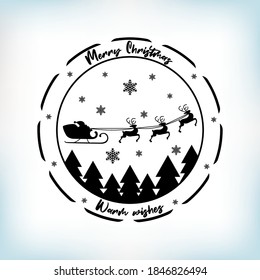 Santa's sleigh and reindeers flying over forest in circular frame. Merry Christmas plate design. Vector Santa Claus silhouette rides in a sleigh in harness on the reindeers.