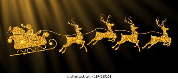 santa's sleigh with reindeers in glowing golden