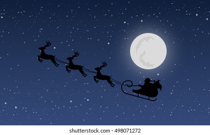 Santa's sleigh with reindeers on background of night sky with stars and moon