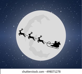 Santa's sleigh with reindeers on background of night sky with stars and moon