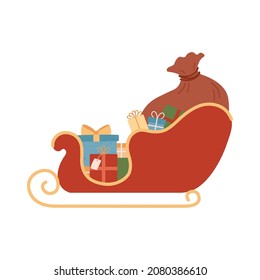 Santa's sleigh with sack of gifts. Cute vector illustration isolated on white background.