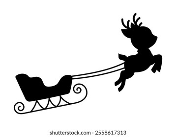 Santa's sleigh silhouette. Cute Christmas reindeer with sleigh for presents. Reindeer with sleigh flying to Santa Claus at the North Pole. Christmas winter New Year