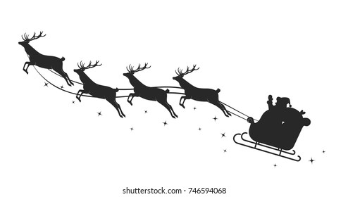 Santa's Sleigh Silhouette. Vector Illustration With Reindeers And Santa Isolated On White Background.