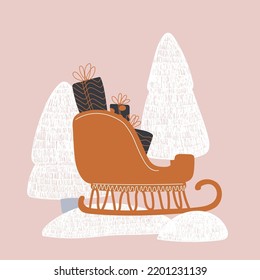 Santa's sleigh. Vector print for children room, fabric, paper, greeting card, postcard, card, t shirt, poster, textile. Vector illustration