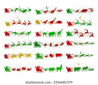 Santa's sleigh vector set. Christmas black silhouette. Illustrations for laser, paper cutting, printing on T-shirts, mugs. Various animals harnessed to the sled. Isolated on white background.