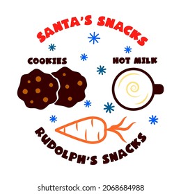 Santa's snacks plate design with place for milk, cookies, carrot for raindeer. Vector christmas tray, plate template. Home decor. 