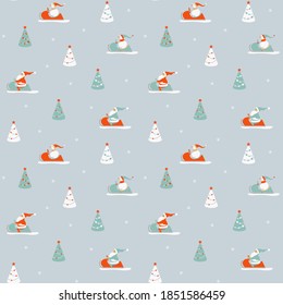 Santas and snowmen in a snowmobile among the christmas trees. Seamless winter pattern.