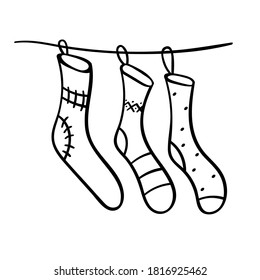 Santa's socks for sweets and gifts. Holiday decor of a cozy home. Isolated vector illustration on a white background. New year's clipart.