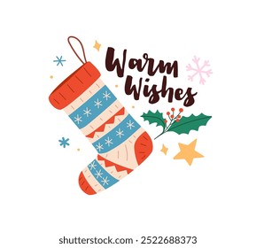 Santa's stocking for gifts, presents. Ornamented New Year sock for winter holiday decor. Lettering phrase with congratulation on Xmas sticker. Flat isolated vector illustration on white background