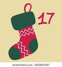 Santa's suspended sock on golden background. Christmas advent calendar in the style of minimalism, flat lay. Day 17