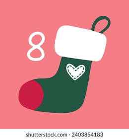 Santa's suspended sock on a pink background. Christmas advent calendar in the style of minimalism, flat lay. Day 8