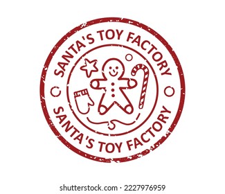 Santa's Toy Factory North Pole grunge rubber stamp design with white background