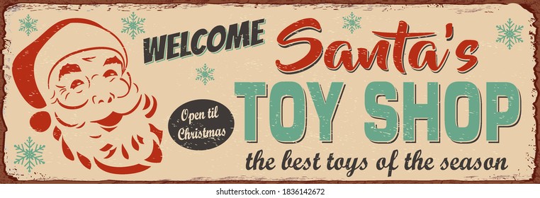 Santa's toy shop metal sign .Retro poster 1950s style.