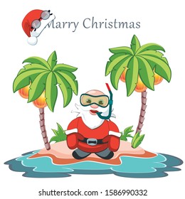 Santa's vacation. Solitude island, coconut palm trees, diving scuba mask... So happy, he forgot to undress