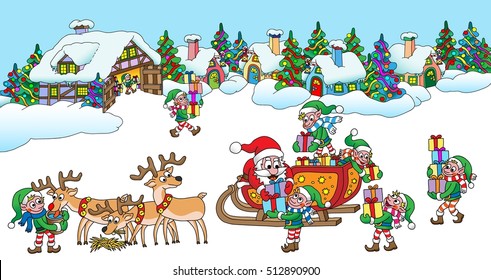 Santa's Village vector cartoon illustration.