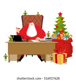 Santas Working office. Claus at work. Christmas elf helper. Big red bag with gifts for children. Desk and chair boss. New Year director. Large sack Toys and sweets.  Residence Lapland. fir-tree