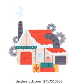 Santa's workshop with Christmas festive decorations and gift boxes. Santa's factory. Cute Christmas clipart. Flat vector illustration