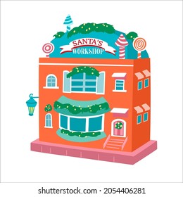 Santa's workshop. Colorful New Year's house, cottage with decorations and garlands. Building for design of postcards, advertising. Hand drawn vector illustration.