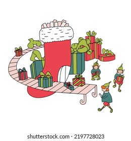 Santa's workshop illustration with funny elves isolated on white background. Cartoon doodle with Christmas sock looks like as Gift factory
