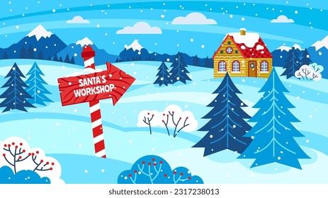 Santas Workshop. North Pole Christmas residence, elf village card for winter holidays cartoon vector illustration. Snowy landscape with evergreen plants, decorated building with wreath