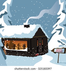 Santa's workshop at the north pole. EPS 10 vector royalty free stock illustration for ad, promotion, poster, flier, blog, article, social media, marketing