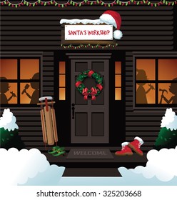 Santa's workshop at the north pole. EPS 10 vector royalty free stock illustration for ad, promotion, poster, flier, blog, article, social media, marketing