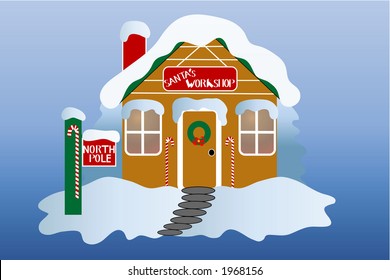 Santa's workshop at the north pole, over gradient blue background.