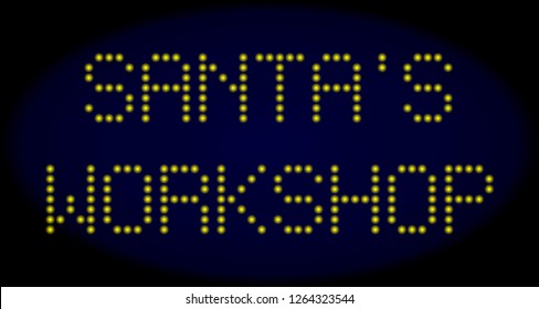 Santa'S Workshop text in LED style with round glowing dots. Vector shiny yellow letters forms Santa'S Workshop text on a dark blue background. Digital font with round elements.