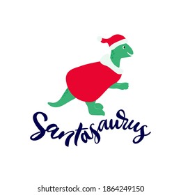 Santasaurus funny word. Pun. Hand calligraphy lettering. Illustration of dinosaur on costume of Santa Claus with box gift. Isolated illustration. For t shirt kids, baby print, christmas card.