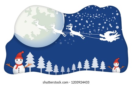 Santa,without sleigh, flying on blue sky move by reindeer with big full moon and star in background over snowman and row of pine tree on ground, paper art style, vector illustration.