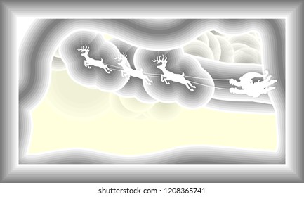 Santa,without sleigh, flying on sky move by reindeer, paper art style on yellow background, vector illustration.
