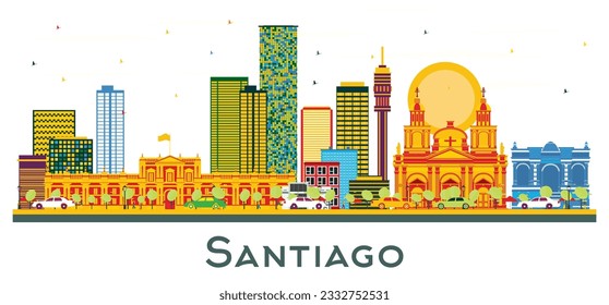 Santiago Chile City Skyline with Color Buildings Isolated on White. Vector Illustration. Business Travel and Tourism Concept with Modern Buildings. Santiago Cityscape with Landmarks.