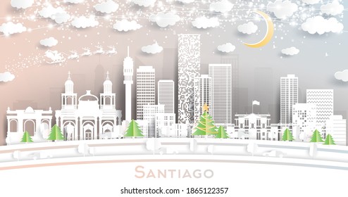 Santiago Chile City Skyline in Paper Cut Style with Snowflakes, Moon and Neon Garland. Vector Illustration. Christmas and New Year Concept. Santa Claus on Sleigh.