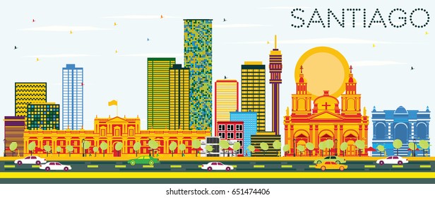 Santiago Chile Skyline with Color Buildings and Blue Sky. Vector Illustration. Business Travel and Tourism Concept with Modern Buildings. Image for Presentation Banner Placard and Web Site.