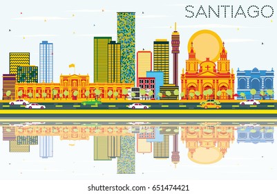 Santiago Chile Skyline with Color Buildings, Blue Sky and Reflections. Vector Illustration. Business Travel and Tourism Concept with Modern Architecture. Image for Presentation Banner Placard and Web.